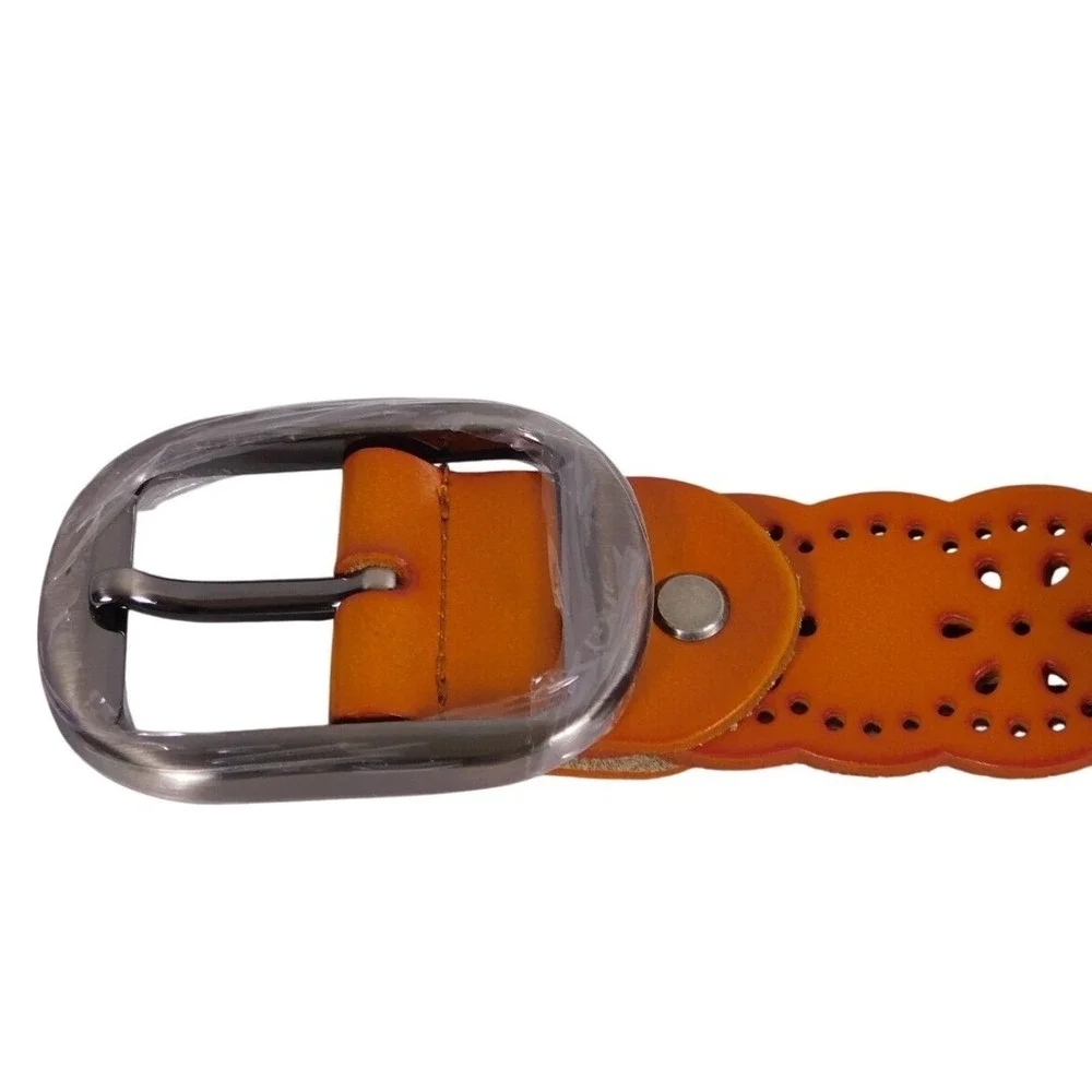 Woman's Brown Genuine Leather Hollowed Out‎ Belt, Vintage Wave Decoration